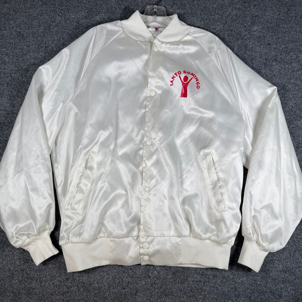 Vintage 80s Nylon West Ark Pearl White Satin Bomber Jacket Santo Domingo Size XL